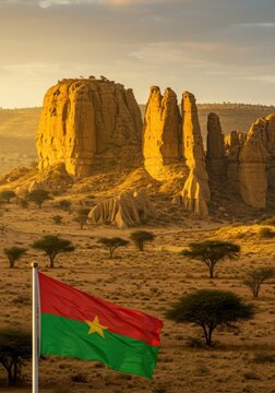 Waving Burkinab&eacute; Flag Symbolizing Upright Land Against the Unique Sandstone Formations of Sindou Peaks