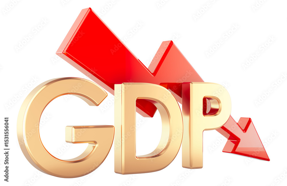 Poster gdp decline with red arrow. economic decline or recession, concept. 3d rendering isolated on transpa