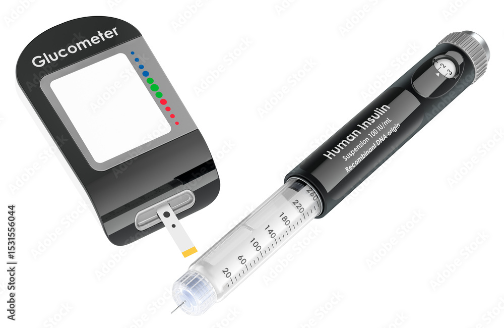 Poster glucometer and human insulin injection pen, 3d rendering isolated on transparent background