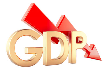 GDP decline with red arrow. Economic decline or recession, concept. 3d rendering isolated on transparent background