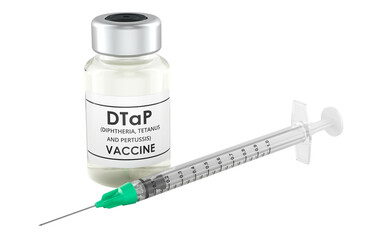 DTaP vaccine vial and syringe. Vaccine from diphtheria, tetanus and pertussis. 3D rendering isolated on transparent background