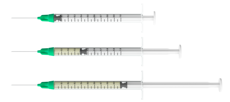 Insulin syringes with different dosage levels. 3D rendering isolated on transparent background