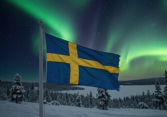 Waving Swedish Flag Symbolizing Nordic Cross Over the Serene Forests and Lakes of Swedish Lapland