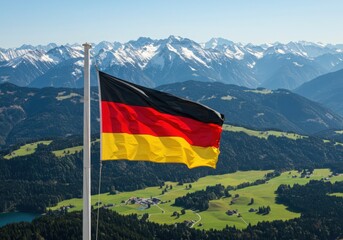 Waving German Flag Representing Federal Republic Against the Stunning Peaks of the Bavarian Alps