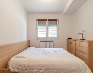 Minimalist bedroom with light wood furniture and white bedding