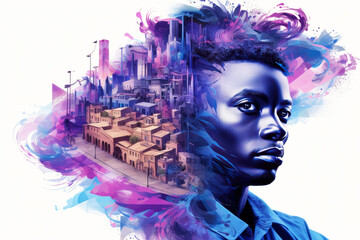 African male double exposure in vibrant night scene against white background