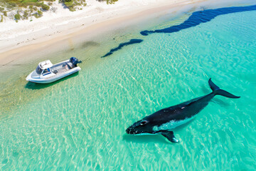 Aerial view of majestic whale swimming near small fishing boat in crystal clear ocean waters