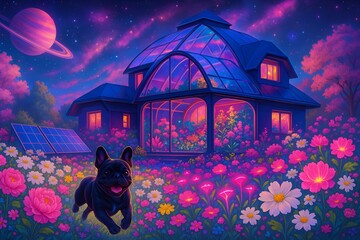 Futuristic Eco-Dome Home in a Cosmic Flower Garden (AI Generated)