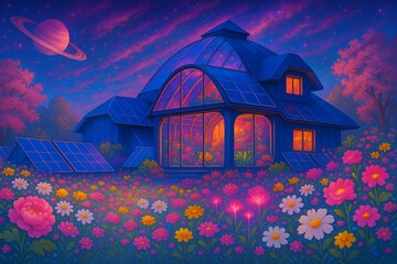 Futuristic Eco-Dome Home in a Cosmic Flower Garden (AI Generated)