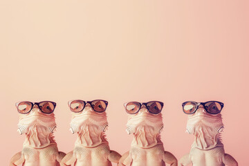 Iguana reptile friends group in sunglass on solid vibrant backdrop for advertising campaigns