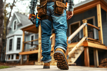 Skilled handyman carrying tools and equipment walking towards front door for household repairs
