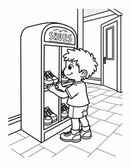 Young boy placing shoes in cubby during daily school routine  