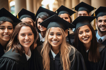 Joyful  multiracial college or university graduate students friends wearing black graduation hats