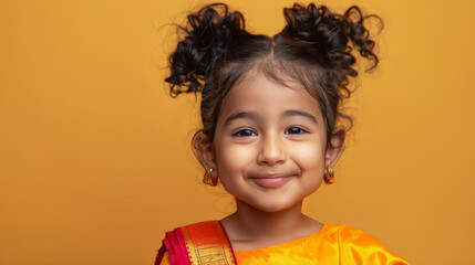 Charming portrait of a joyful indian child in traditional attire against a soft pastel backdrop