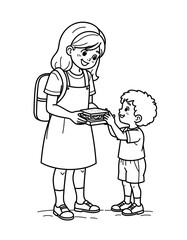 Mother giving sandwich to child during daily school routine concept
