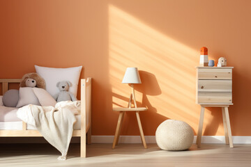 Minimalist modern childrens room interior design in peach color, in daylight