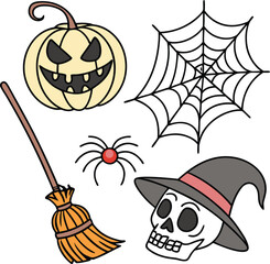 halloween spooky skull spider broom pumpkin web