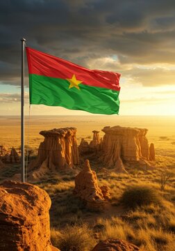 Waving Burkinab&eacute; Flag Symbolizing Upright Land Against the Unique Sandstone Formations of Sindou Peaks