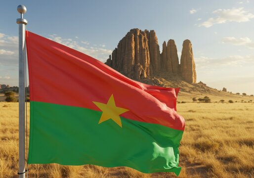 Waving Burkinab&eacute; Flag Symbolizing Upright Land Against the Unique Sandstone Formations of Sindou Peaks