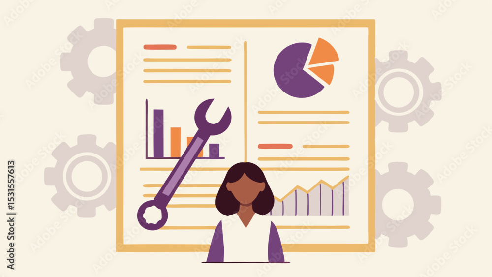 Poster woman standing in front of a board with charts a wrench and gears in the background illustration