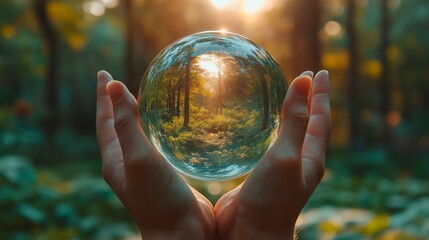 Hands holding crystal sphere with forest and light inside on soft glowing background. Concept of nature protection