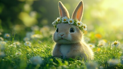 Cute bunny wearing flower crown sitting on grass with soft green background. Concept of innocence and spring joy
