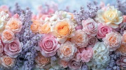 Soft pastel bouquet of roses and lavender in daylight on gentle background. Concept of romantic floral beauty
