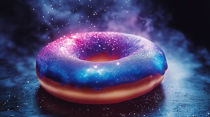 Galaxy-colored donut with glittering frosting floating in space-like background. Concept of surreal food fantasy