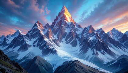 Majestic snow-covered mountain peaks under pink-blue sky in dreamy sunset. Concept of natural beauty and strength