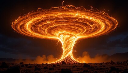 Blazing fiery tornado-like vortex erupting with heat and energy into sky. Concept of destruction and force