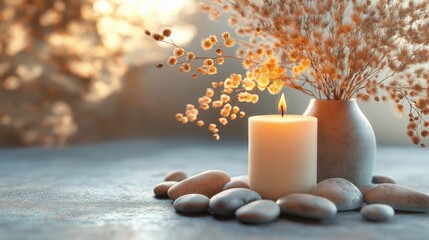 Candle with small white stones and dry flowers on soft blurred background. Spa and tranquility concept
