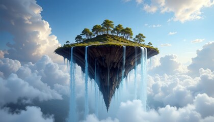 Floating island with waterfalls and trees against bright sky, hovering in midair. Fantasy environment concept