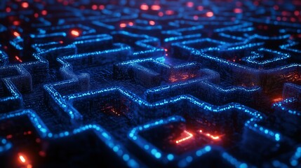 Futuristic neon labyrinth with glowing blue and red paths, top view. Concept of cyberpunk technology