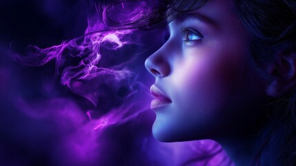 Profile of woman with purple light and smoke in background, glowing mystical atmosphere. Futuristic dream concept
