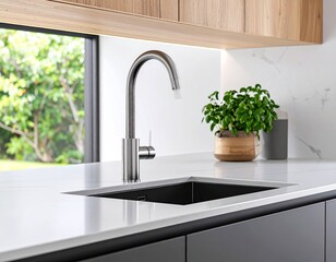 Modern kitchen sink with faucet and greenery