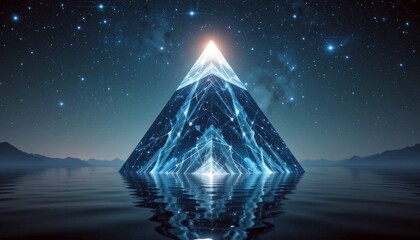 Glowing glass pyramid reflecting in water with starry night sky above. Concept of mystical futuristic energy