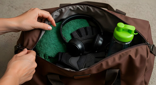 Overhead View of Sports Bag Contents with Headphones, Gloves, Towel, Water Bottle