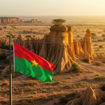 Waving Burkinab&eacute; Flag Symbolizing Upright Land Against the Unique Sandstone Formations of Sindou Peaks