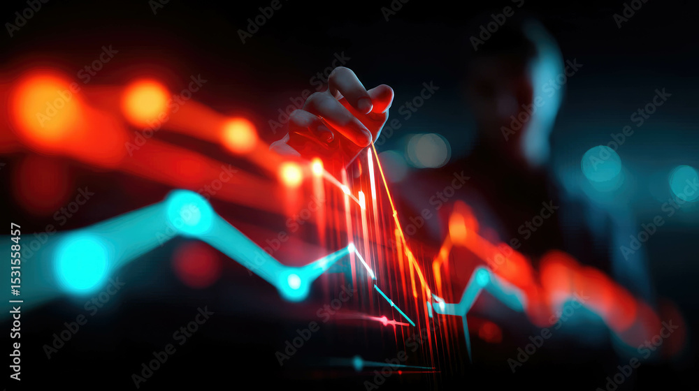Poster hand pointing at financial stock chart with glowing red and blue lines on dark background