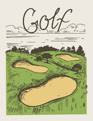Golf course, vector realistic hand drawn sketch, monochrome illustration