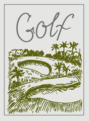 Golf course, vector realistic hand drawn sketch, monochrome illustration