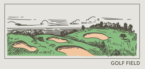 Golf course, vector realistic hand drawn sketch, monochrome illustration