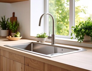 Modern kitchen sink with faucet, window view