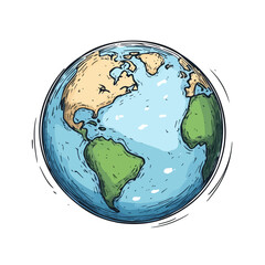 Earth From Space Doodle illustration vector 2D flat, isolated on a white background.