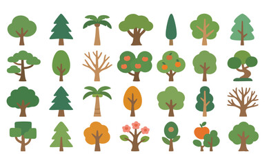 Vector set of various tree types in different shapes and seasons. Perfect for nature themes, landscapes, environment, and educational or ecological designs.