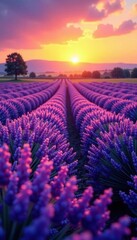 Obraz premium Sunset hues paint vibrant lavender field, soft light bathes blooms , twilight, clouds