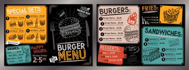 Vintage burger restaurant menu template - A4 card (burgers, sandwiches, french fries, desserts, drinks, sets)