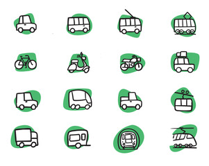Wheeled Transport. A set of vector images in sketch style featuring various wheeled vehicles.