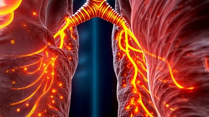 Lung cancer, tumor growth, metastasis risk. Medical insight. Bronchi inflammation causes severe symptoms. Pleura thickening reduces breath capacity. Carcinoma presence indicates advanced stage.