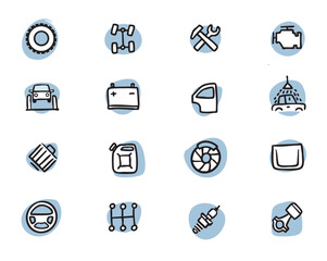 Car spare parts. A set of vector images in sketch style with car spare parts.